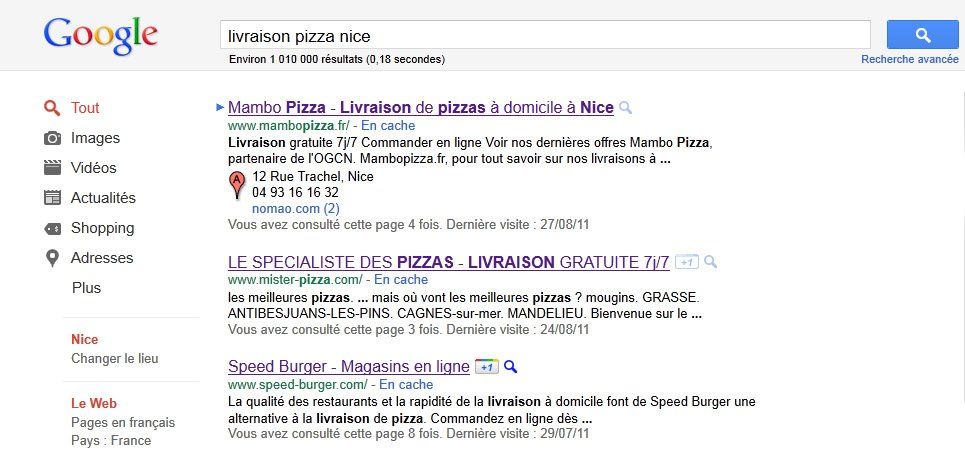 recherche livraison pizza à nice sur google