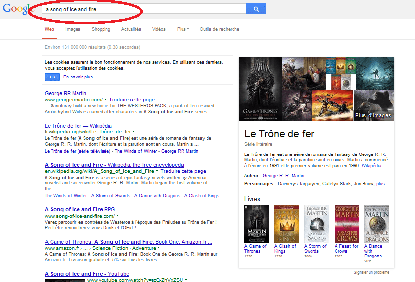 Capture d'écran de la recherche de "Games of thrones" sur Google, après avoir choisi une recherche plus précise.