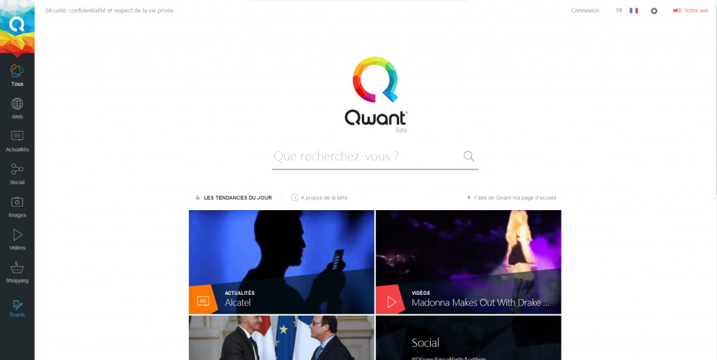 Page d'accueil du moteur de recherche Qwant