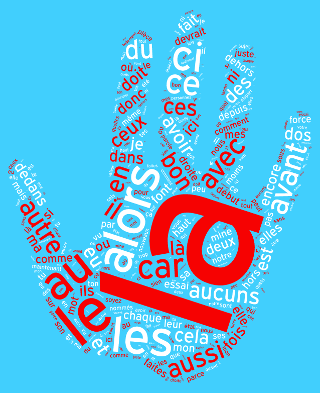 Nuage de mots vides en forme de main qui fait stop en rouge et blanc sur fond bleu comme le logo de l’agence web Web Omega.