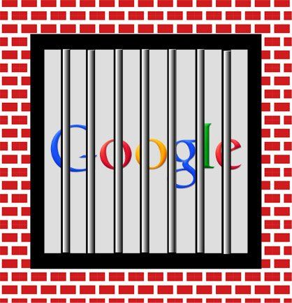 Montage du logo Google derrière des barreaux de prison.