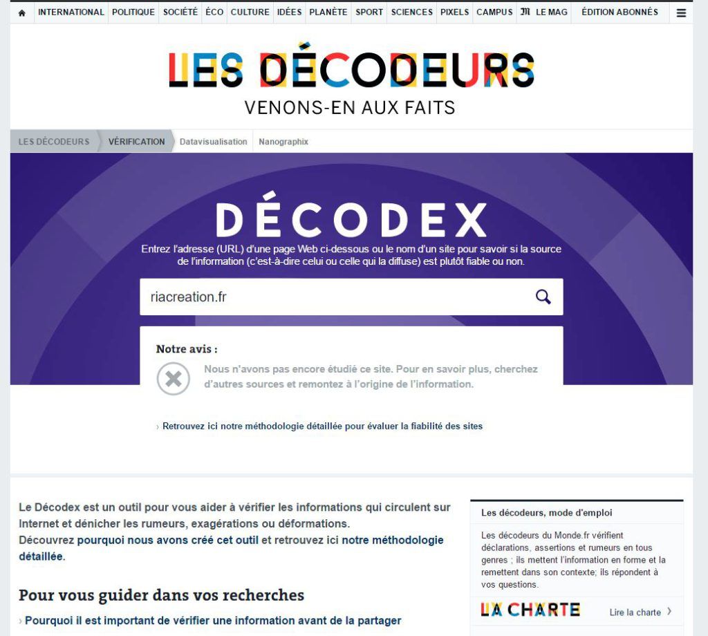 Capture d'écran du moteur de recherche Décodex, Le Monde.fr.