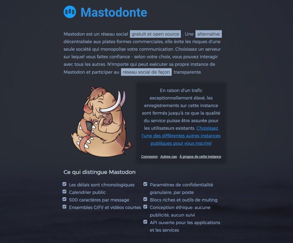 Capture d'écran de la page d'accueil du réseau social Mastodon.social.