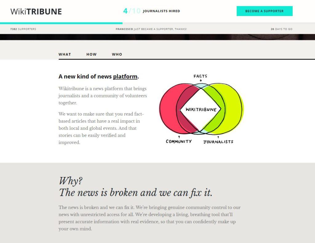 Capture d'écran de la plateforme de financement participatif de Wikitribune.